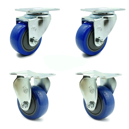 Service Caster 3 Inch Blue Polyurethane Wheel Swivel Top Plate Caster Set with 2 Rigid SCC SCC-20S314-PPUB-BLUE-TP2-2-R-2